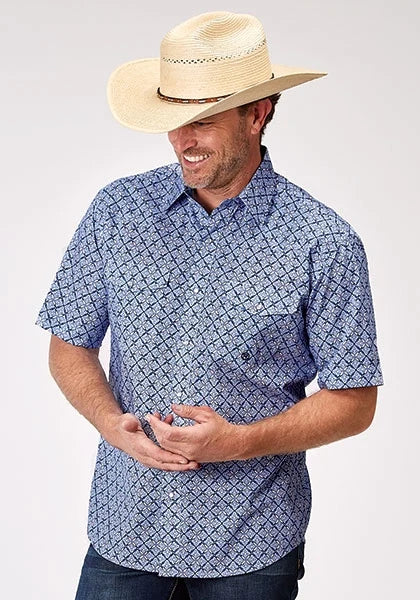 Roper 1932 Blue Skies Tie Print (Blue) - Men's Short Sleeve Shirt