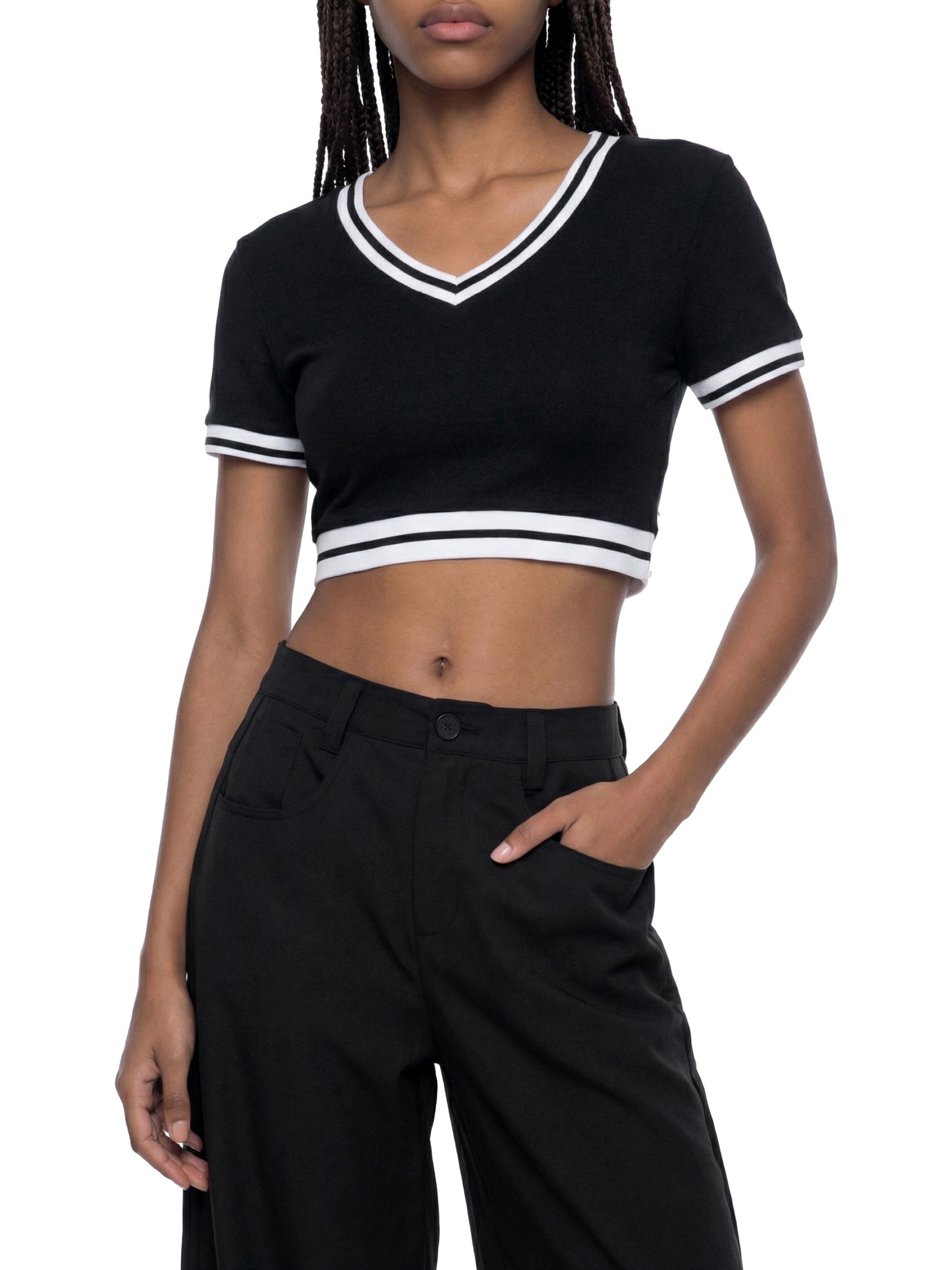 Women's Color Block V-Neck Crop T-Shirt
